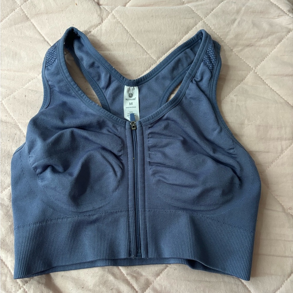 90 Degree By Reflex Zip-Front Navy Sports Bra